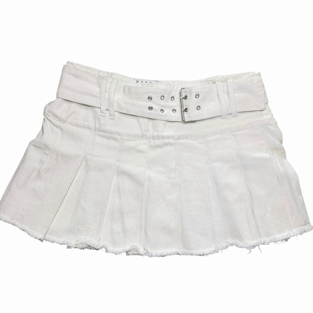 Hyfve White Denim Pleated Belted Mini Skirt Size Medium